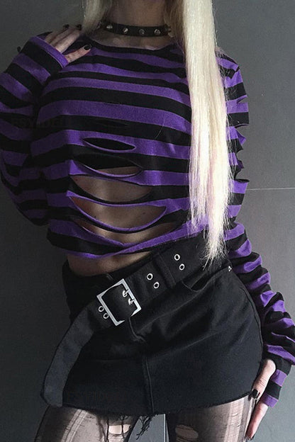 Striped Cutout Long Sleeve T-shirt
