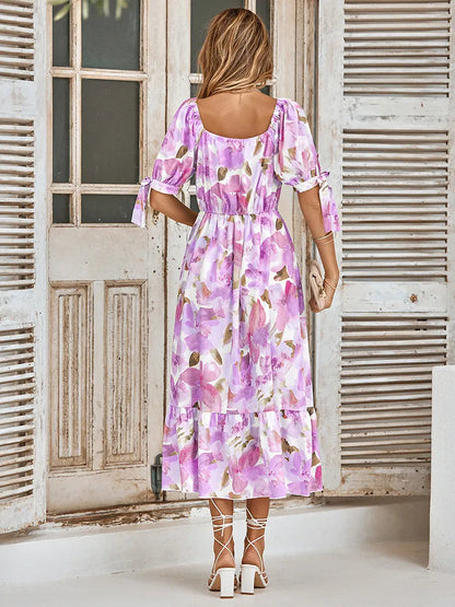 Purple Print Waist Puff Sleeve V-neck Maxi Dress