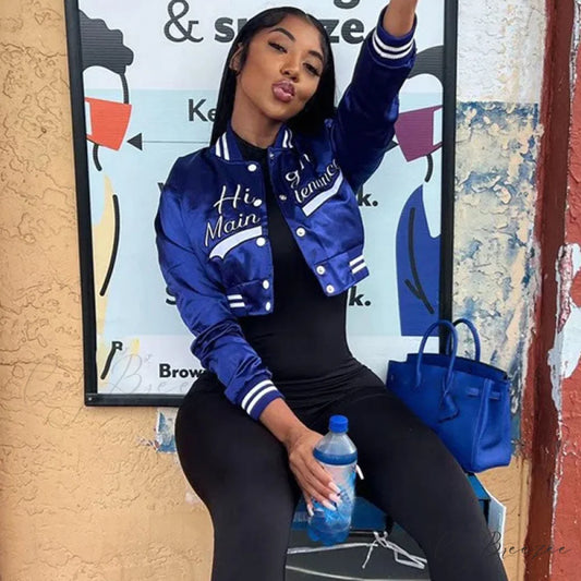 Active Letter Print Cropped Varsity Classic Bomber Jacket - Emerald Green S / Royal Blue