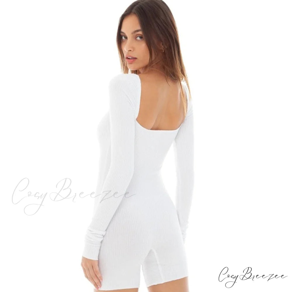 Active Square Neck Long Sleeve Classic Ribbed Bike Short Romper - Black L / White
