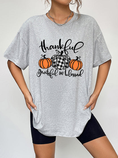 with Fall Graphic T-Shirt Neck Thanksgiving Round Season and Brief Sleeves