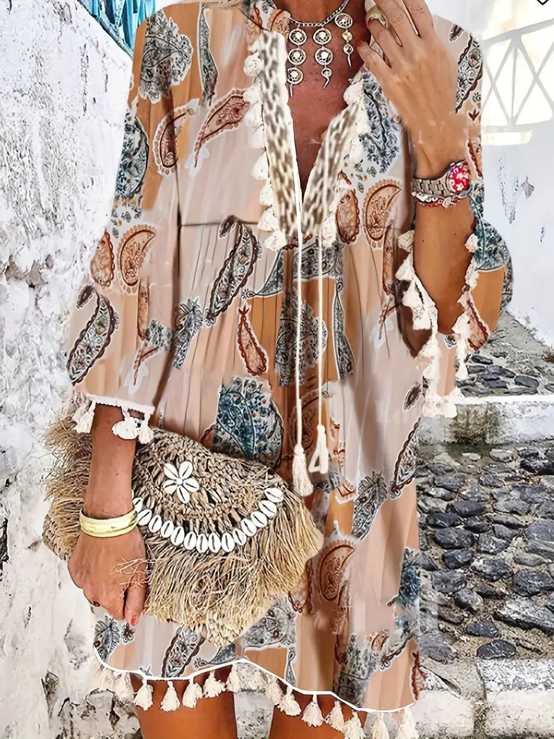 Boho V Neck Tassels Casual Dress with Retro Print