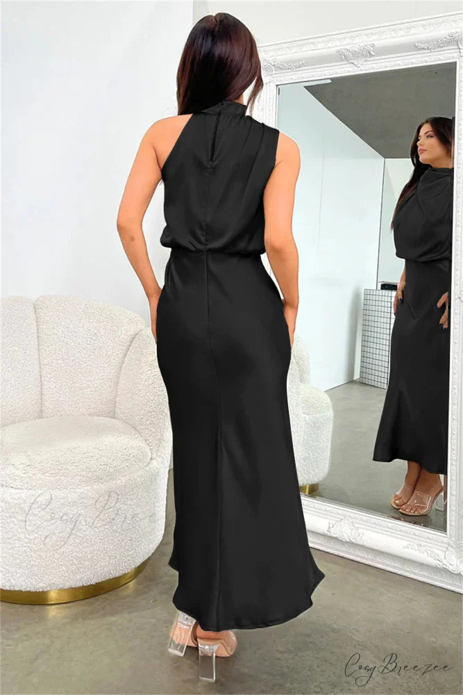 Addison Stretch Satin Charming Long Sleeve Midi Dress