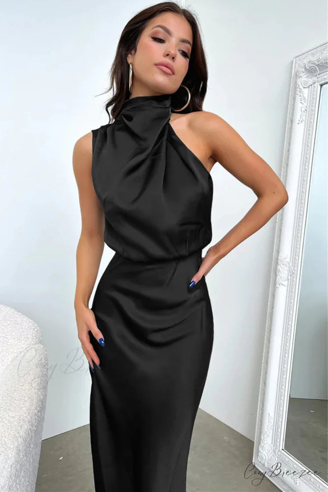 Addison Stretch Satin Charming Long Sleeve Midi Dress BLACK / S