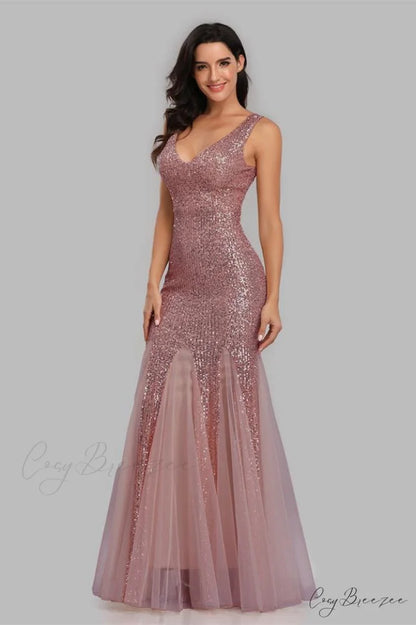 Adeline Sparkly Stylish Sequin Fishtail Gown S / Dusty Pink