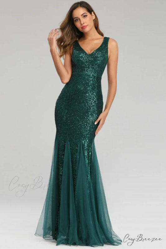 Adeline Sparkly Stylish Sequin Fishtail Gown S / Emerald