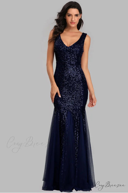 Adeline Sparkly Stylish Sequin Fishtail Gown S / Navy