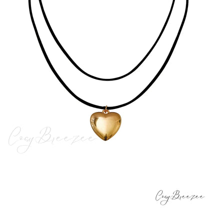 Adjustable Korean Velvet Choker with Big Heart Pendant Necklace BLACK