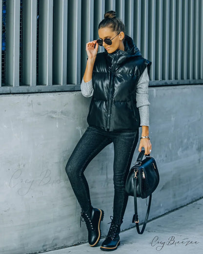 Adler Hooded Faux Leather Puffer Vest - Black