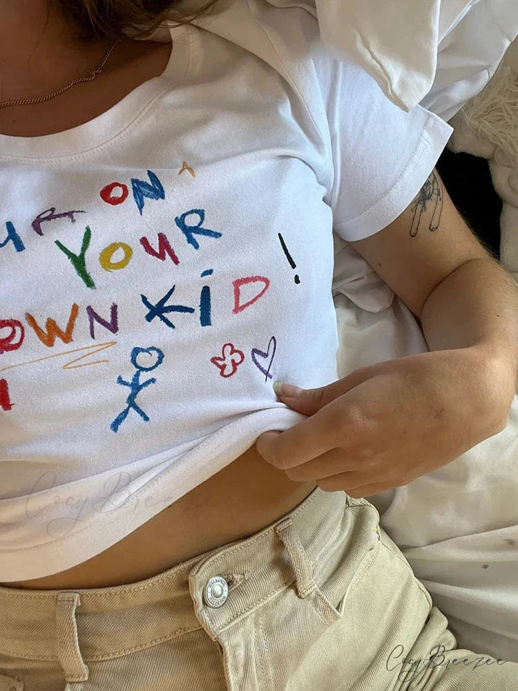 Adorable Letter Pattern Crop Fit Tee t-shirt-250223