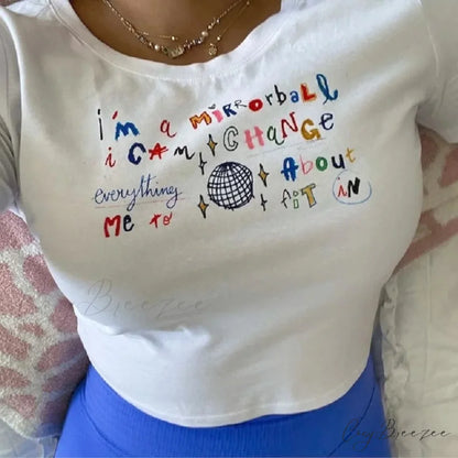 Adorable Letter Pattern Crop Fit Tee white01 / S t-shirt-250223