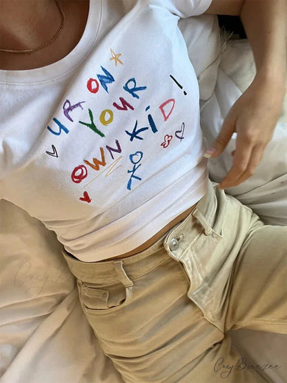 Adorable Letter Pattern Crop Fit Tee white02 / S t-shirt-250223