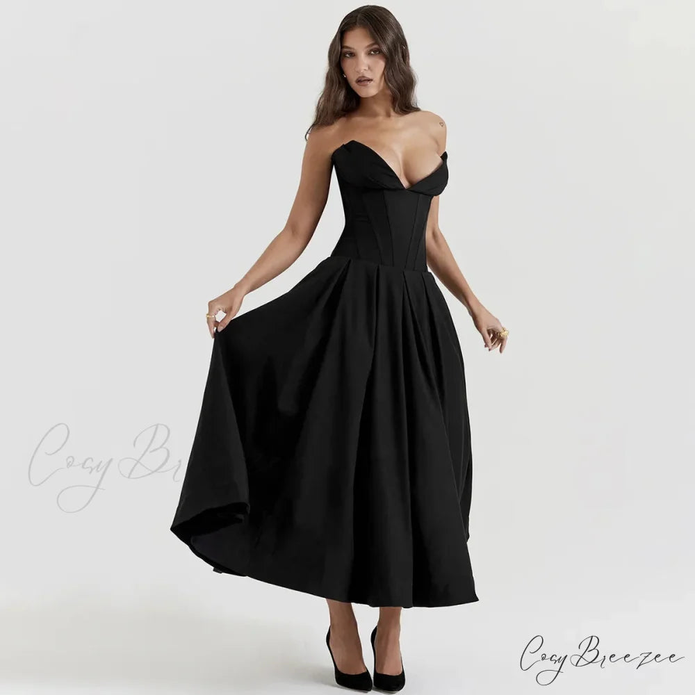 Adriana Midi A-Line Charming Strapless Corset Dress Black / L