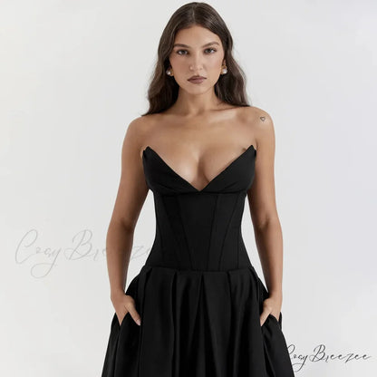 Adriana Midi A-Line Charming Strapless Corset Dress Black / S