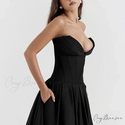 Adriana Midi A-Line Charming Strapless Corset Dress Black / XS