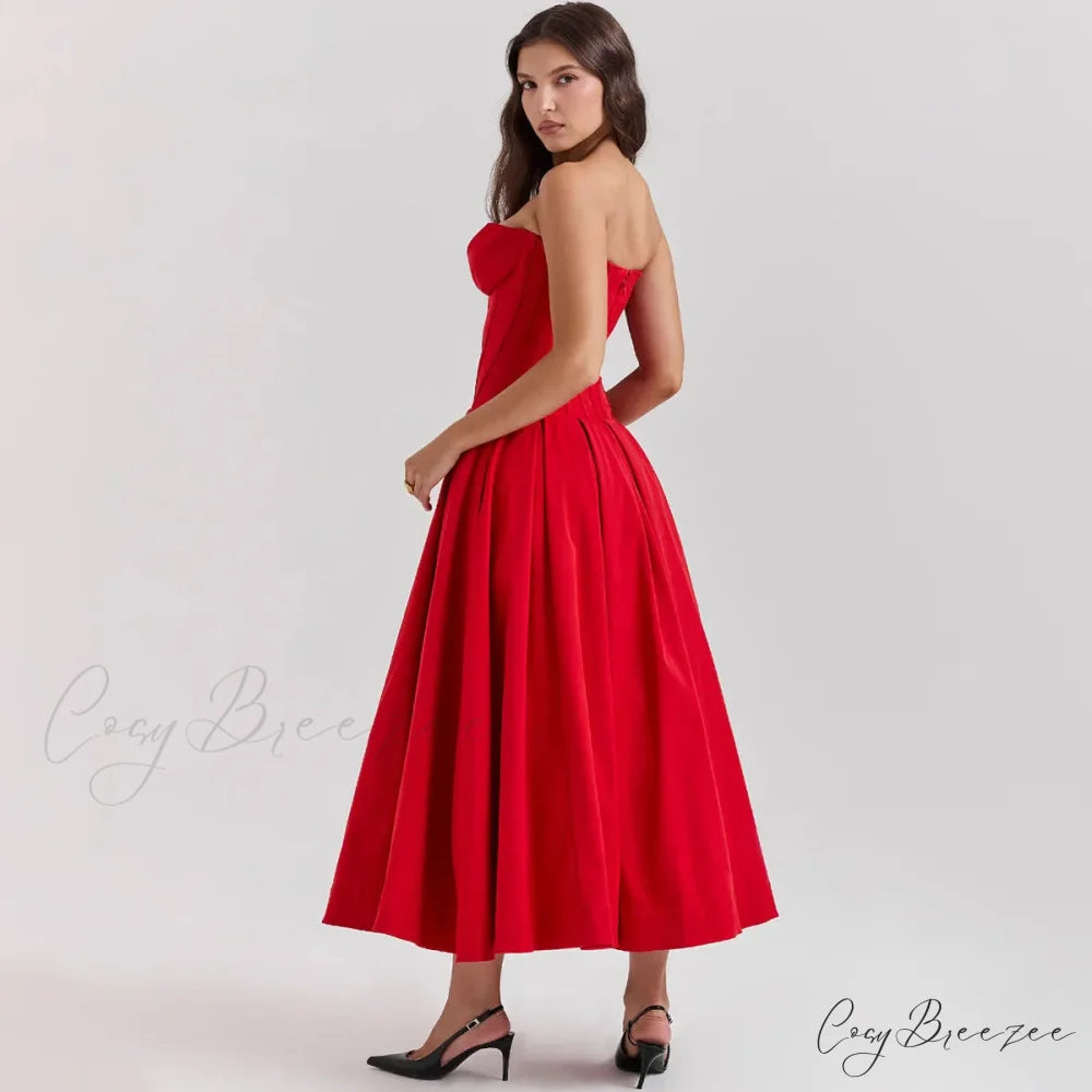 Adriana Midi A-Line Charming Strapless Corset Dress Red / M