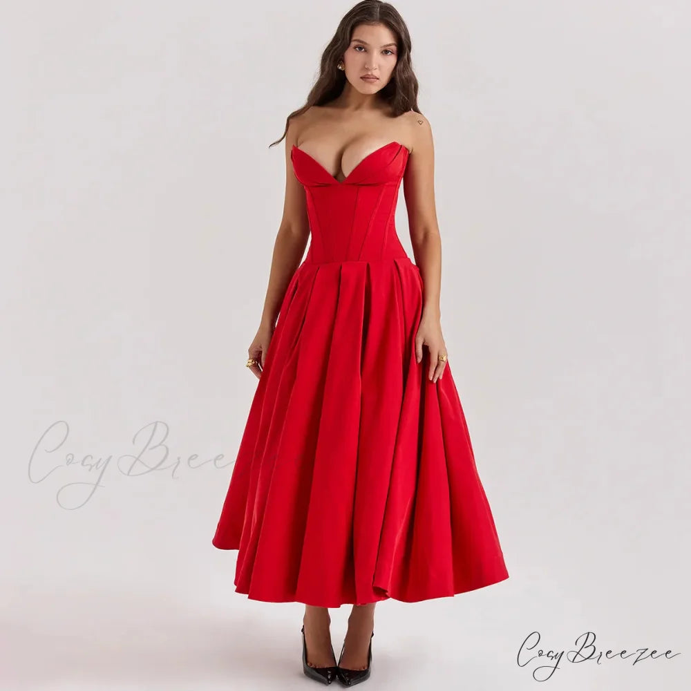 Adriana Midi A-Line Charming Strapless Corset Dress Red / S