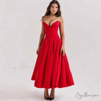 Adriana Midi A-Line Charming Strapless Corset Dress Red / S