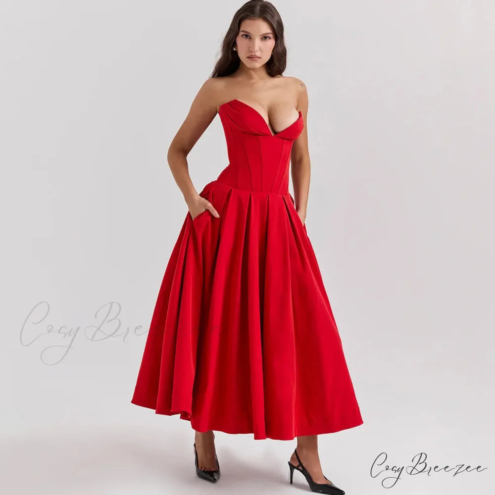 Adriana Midi A-Line Charming Strapless Corset Dress Red / XS