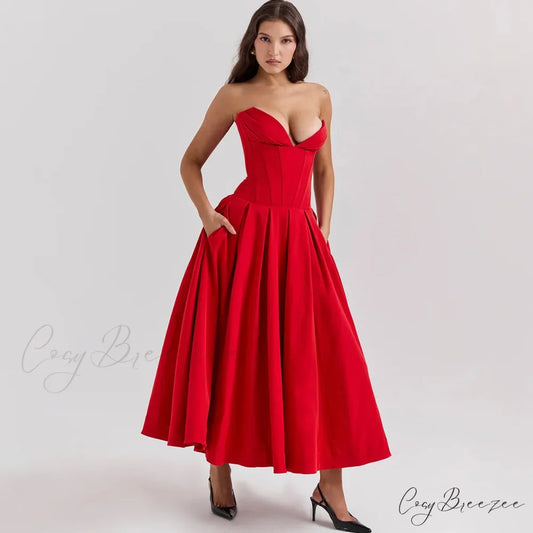 Adriana Midi A-Line Charming Strapless Corset Dress Red / XS