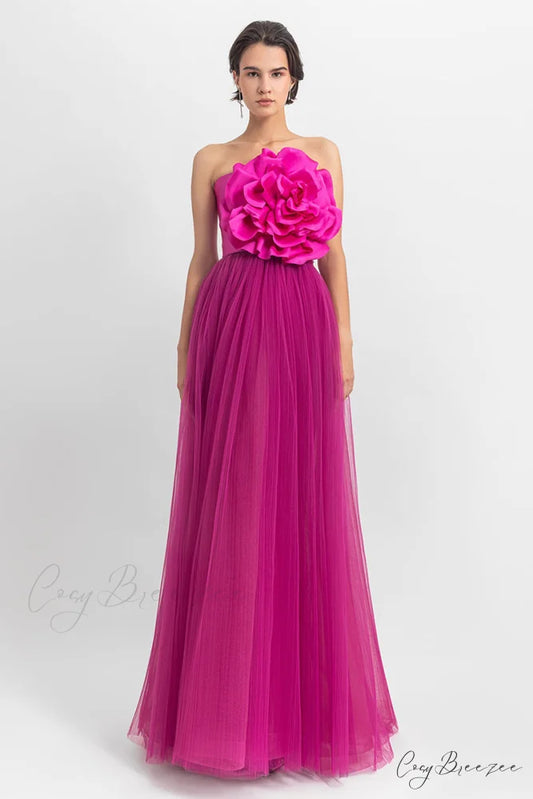 Adrianna 3D Flower Trendy Strapless Evening Dress Hot Pink / 2