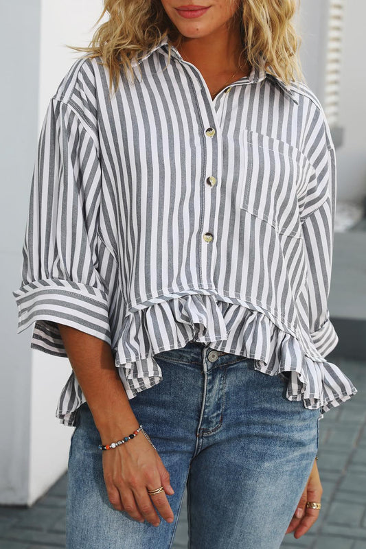 Striped Loose Fit Lace Hem Blouse
