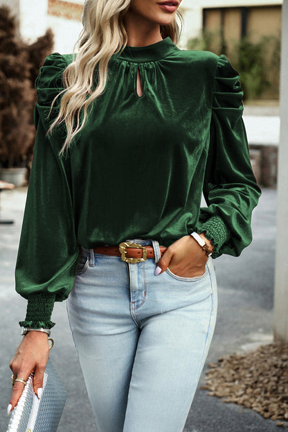 with Sleeves Velvet Puff and Neck Blackish in Mock Blouse Green