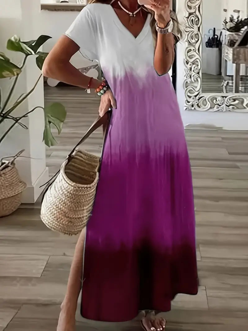 V Neck Short Sleeve Maxi Beach Dress with Gradient Color Side Split