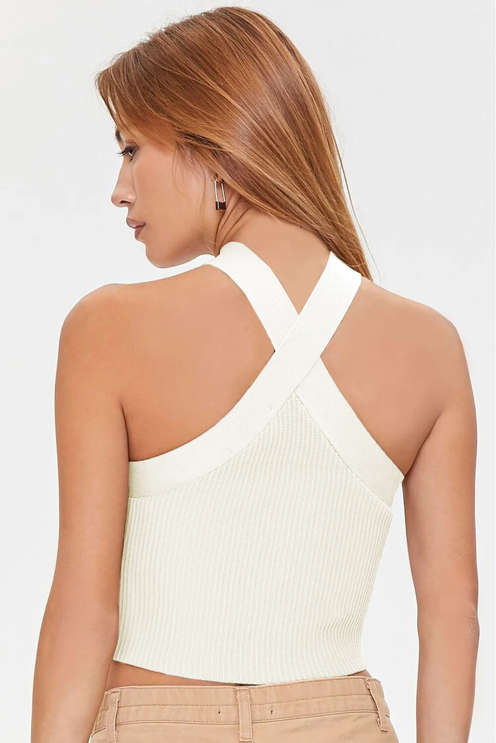 White Neck Knit Ribbed Halter Tank Cross Criss Top