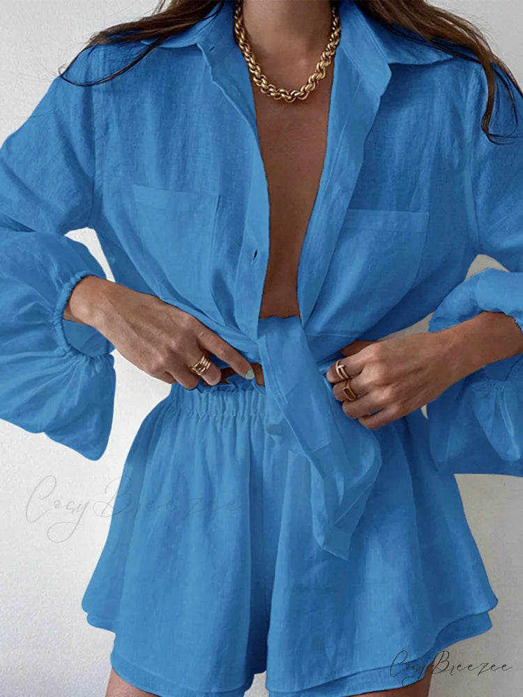 Aegean Two Piece Trendy Double Lined Shorts Set Blue / S