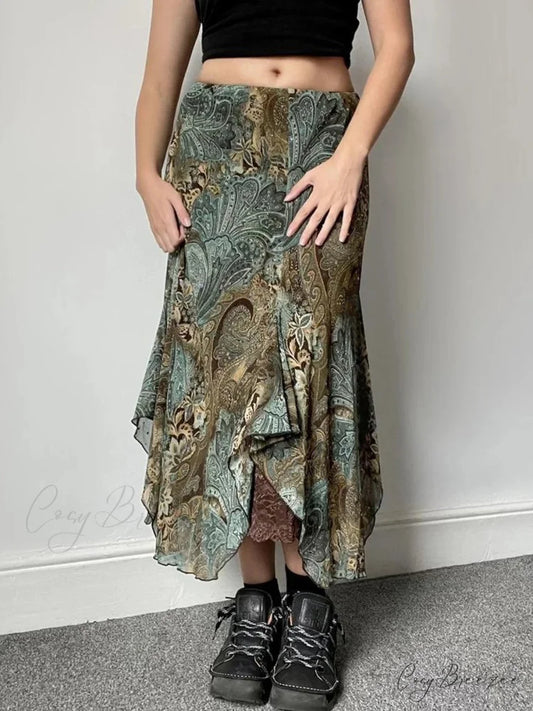 Aesthetic Floral Print Asymmetrical Boho Vacation Lace Skirt Green / S skirt-250126