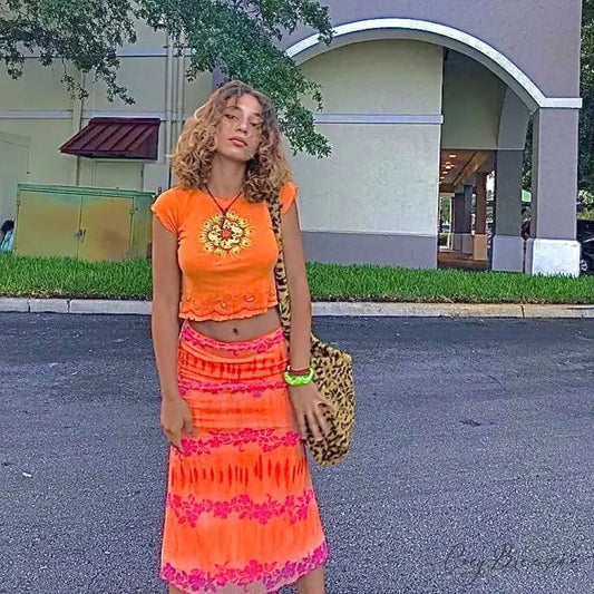 Aesthetic Floral Printed Skirt Bright Boho Casual Beach Skirt ORANGE / S skirt-250126