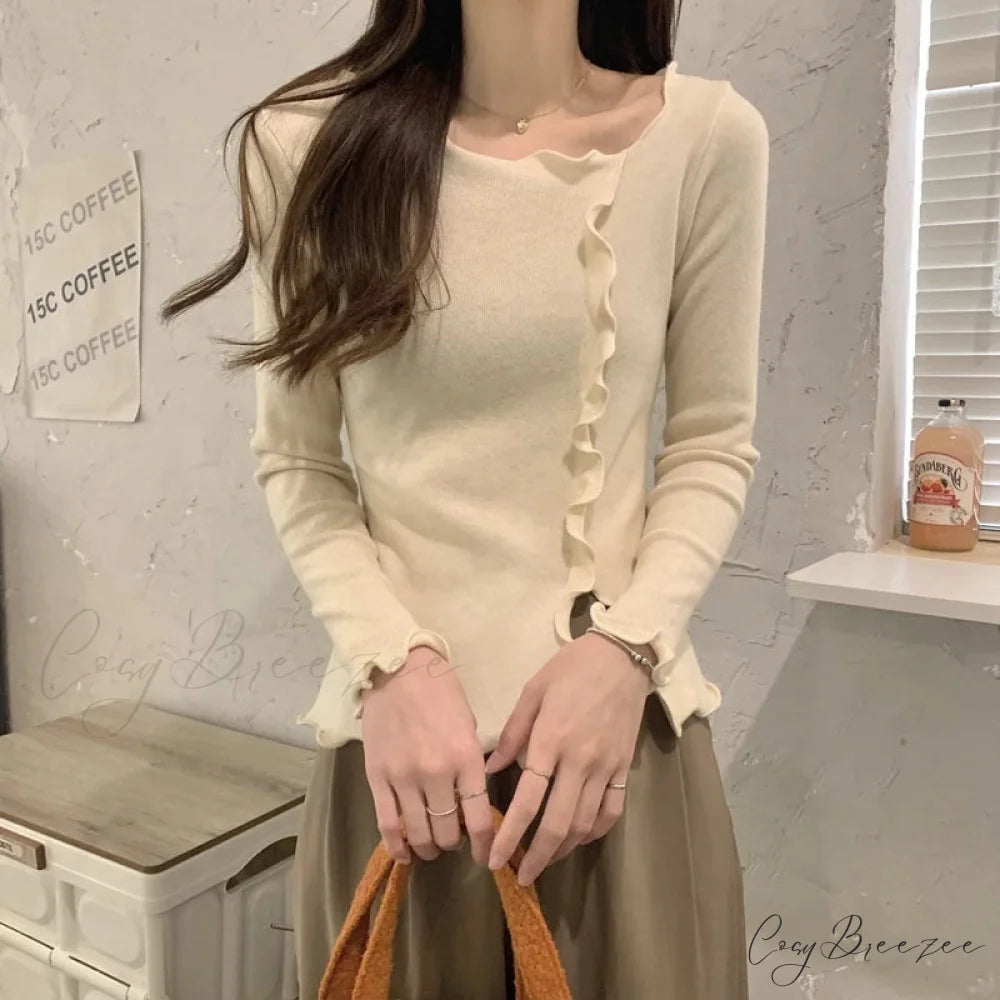 Aesthetic Irregular Ruffles Knit Crop Solid Long Sleeve Knit Top APRICOT / One Size knittop-250126