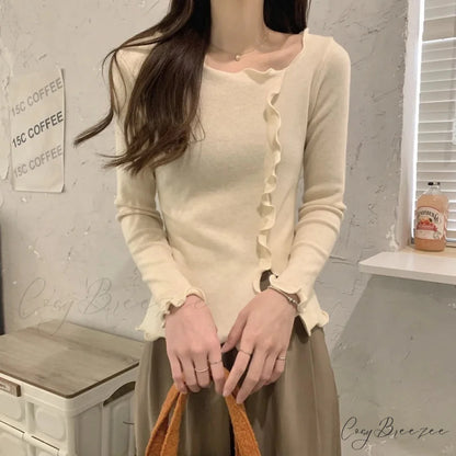 Aesthetic Irregular Ruffles Knit Crop Solid Long Sleeve Knit Top APRICOT / One Size knittop-250126