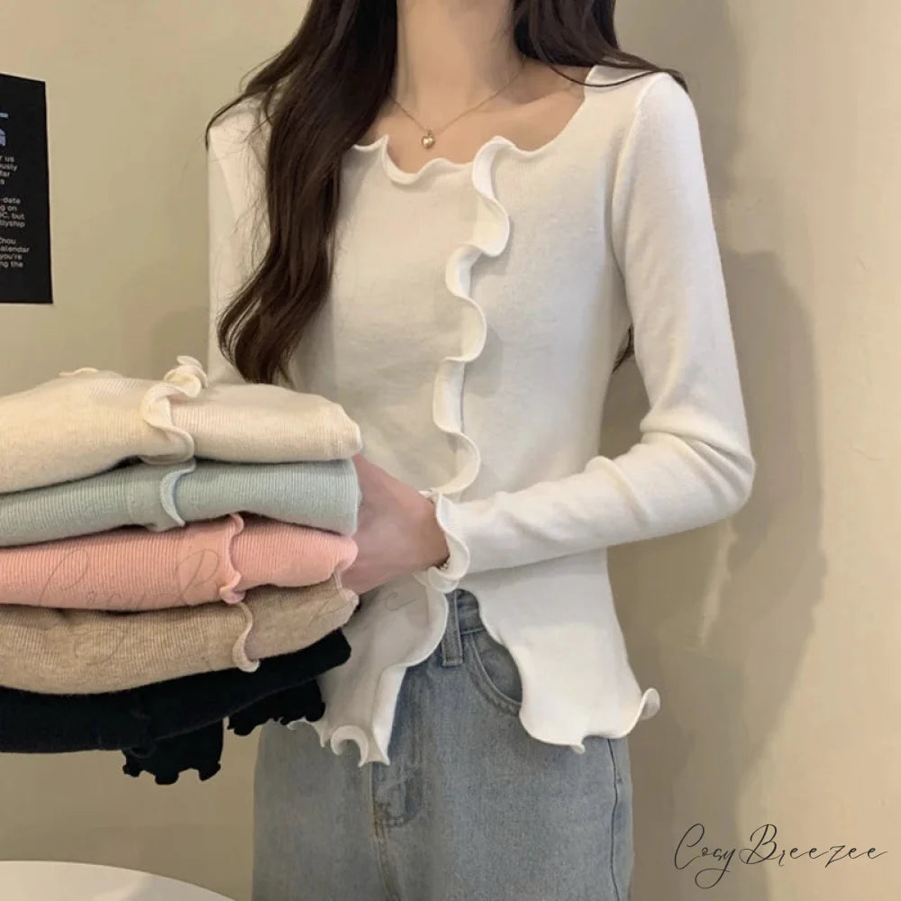 Aesthetic Irregular Ruffles Knit Crop Solid Long Sleeve Knit Top knittop-250126