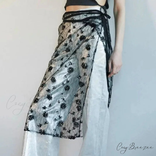 Aesthetic See Through Sequins Flower Lace Long Apron Skirt BLACK1 / One Size skirt-250126