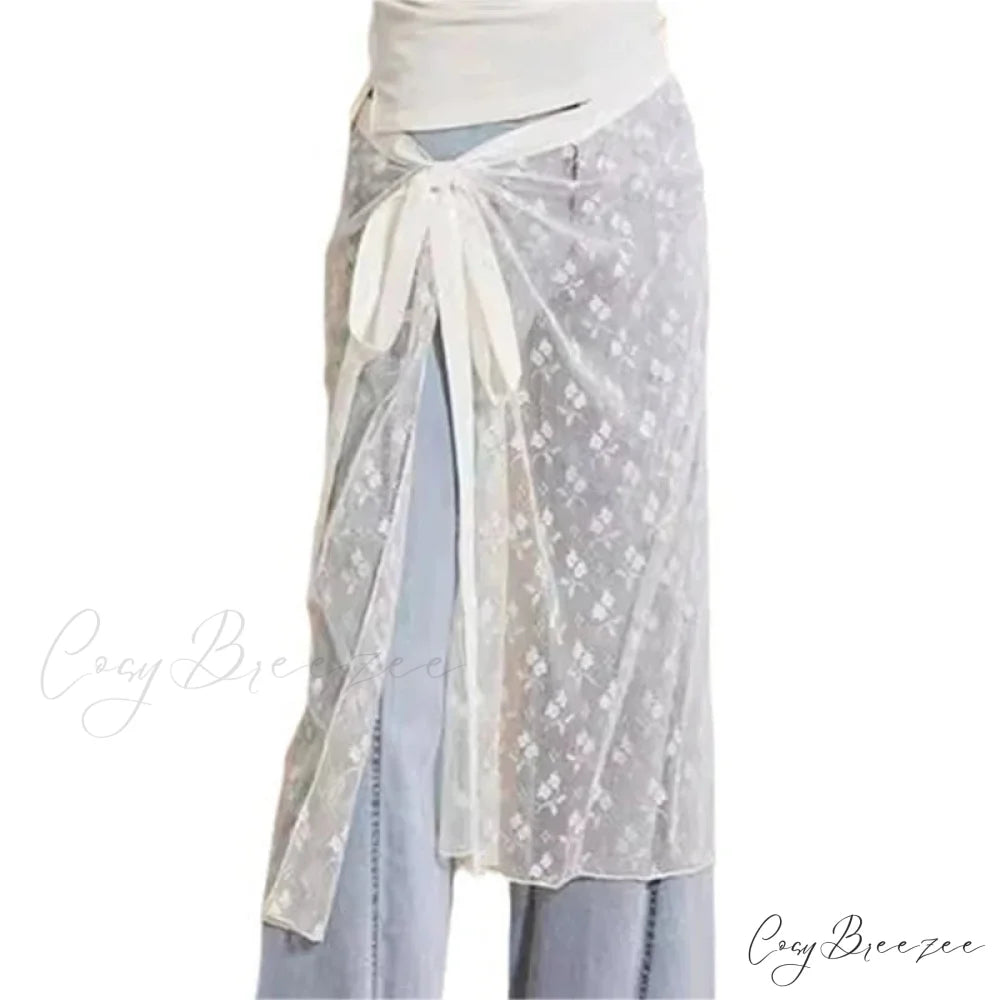 Aesthetic See Through Sequins Flower Lace Long Apron Skirt WHITE1 / One Size skirt-250126
