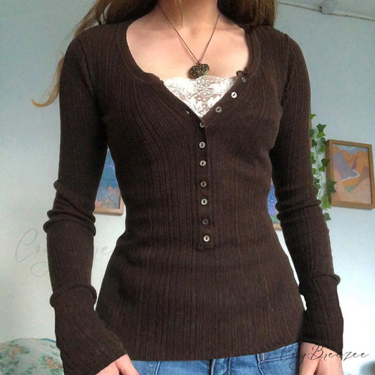 Aesthetic Up Ribbed Lace Arm Patchwork Retro Tops Y2k Skinny Casual Grunge Button Long Fairy Women T-shirt Blouse