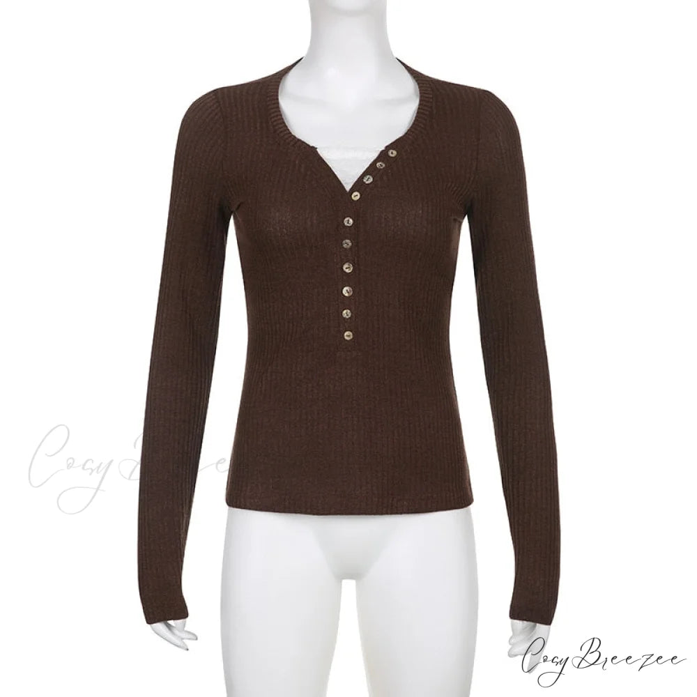 Aesthetic Up Ribbed Lace Arm Patchwork Retro Tops Y2k Skinny Casual Grunge Button Long Fairy Women T-shirt Blouse brown