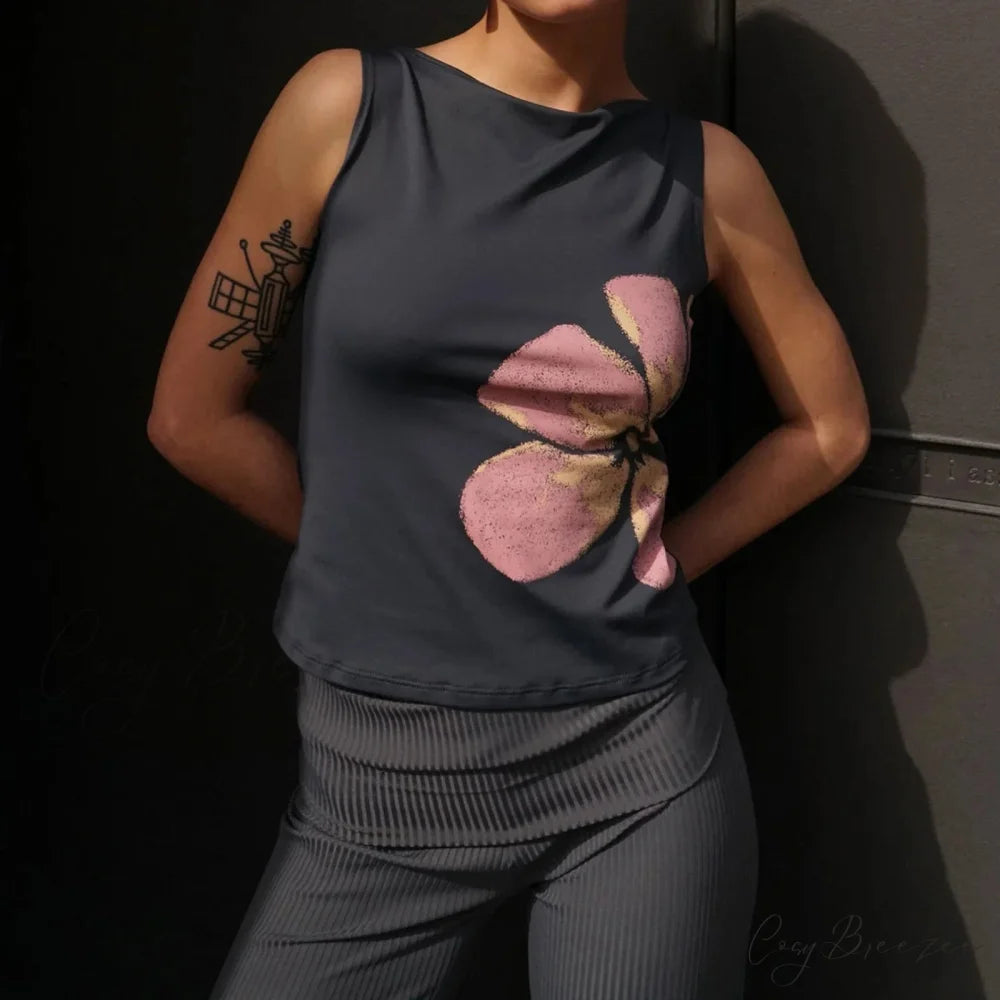 Aesthetic Y2K Floral Print Crewneck Sleeveless Graphic Crop croptop-250126
