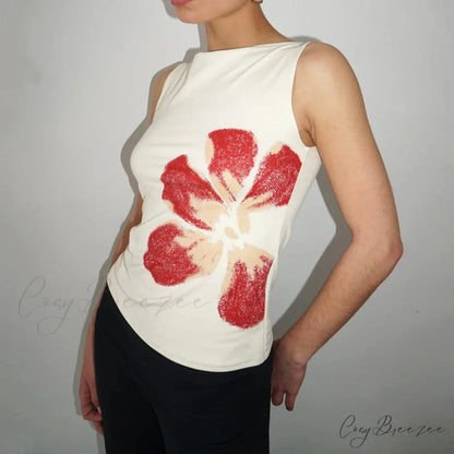 Aesthetic Y2K Floral Print Crewneck Sleeveless Graphic Crop WHITE / S croptop-250126