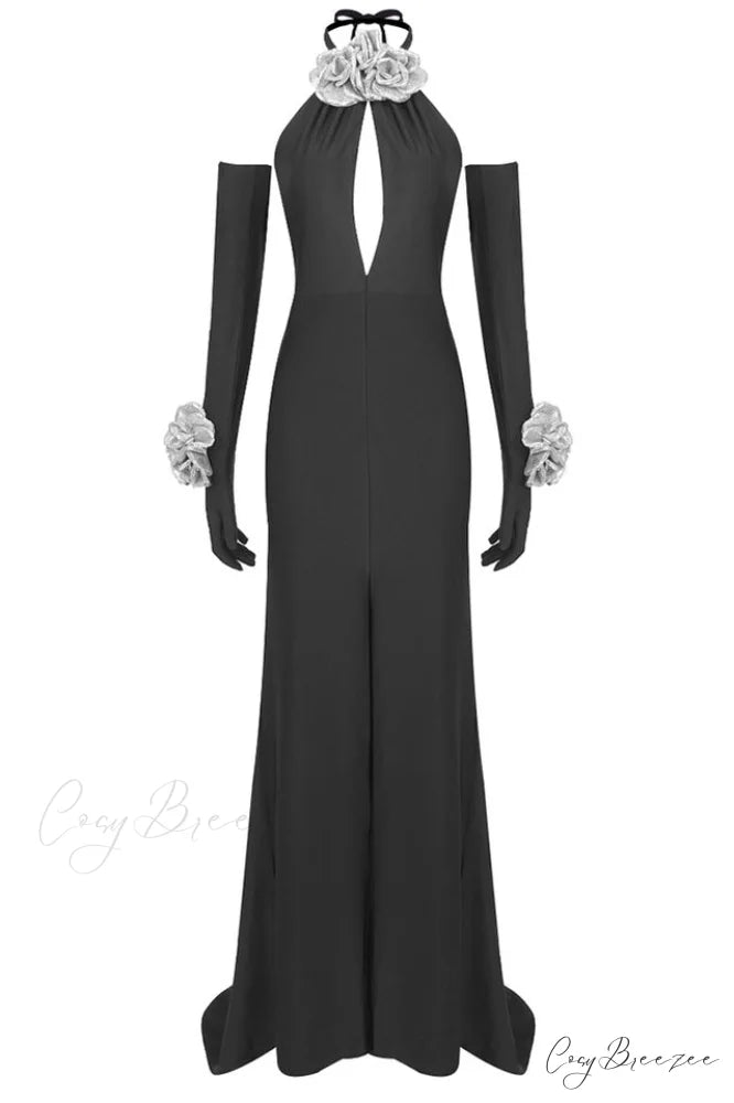 Afaf Halter Flower Charming Detail Maxi Dress XS / Black