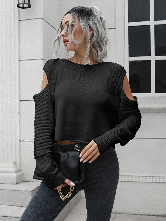 Ribbed Trim Cold-Shoulder Sweater