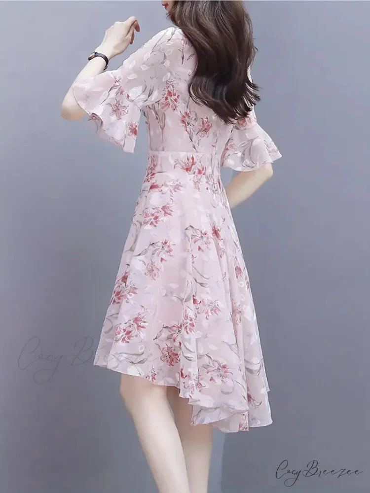 Airy Floral Print Chiffon Dress with Ruffle Trim Sleeves L / Pink