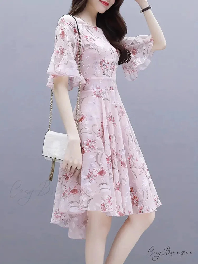 Airy Floral Print Chiffon Dress with Ruffle Trim Sleeves M / Pink