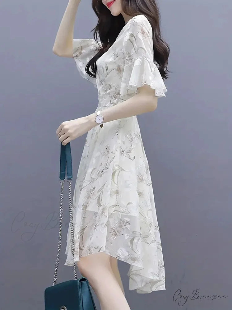 Airy Floral Print Chiffon Dress with Ruffle Trim Sleeves M / White