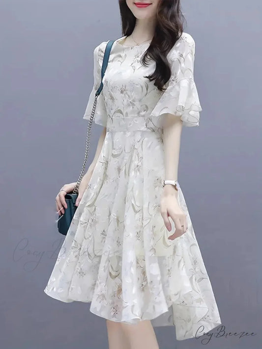 Airy Floral Print Chiffon Dress with Ruffle Trim Sleeves S / White