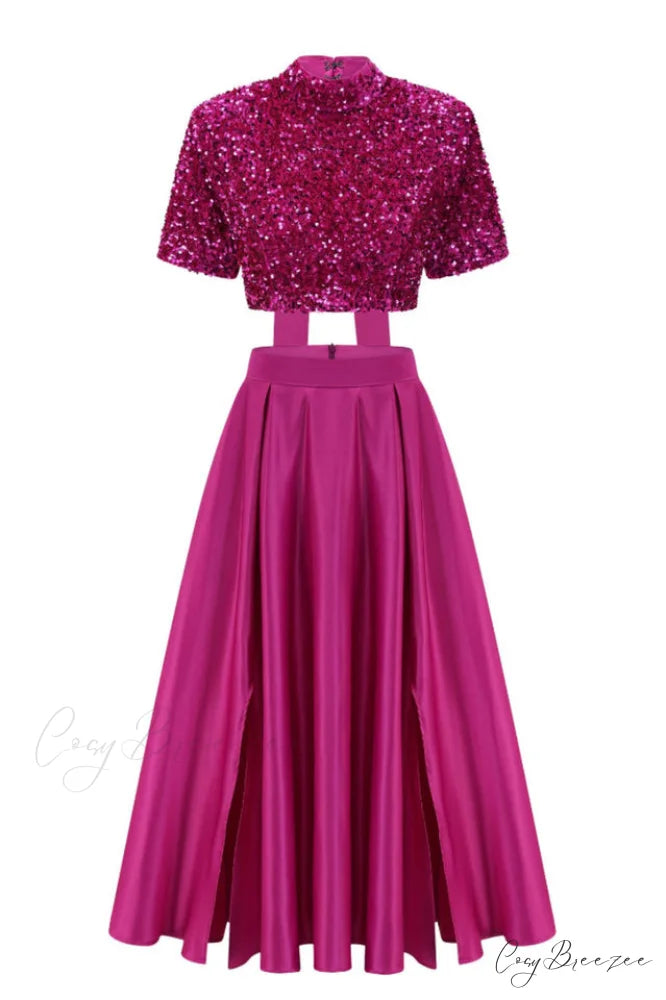 Aisha Sequin Bow Charming Lace Up Set S / Fuchsia