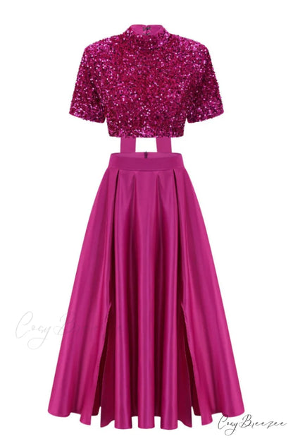 Aisha Sequin Bow Charming Lace Up Set S / Fuchsia