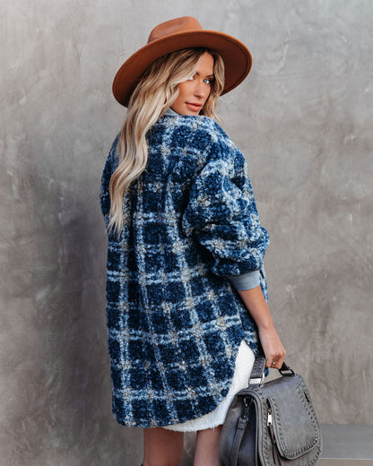 Blue Alaska Plaid Pocketed Teddy Jacket